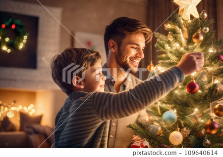 cheerful dreamy adorable caucasian young man decorating Christmas tree with happy Son, putting toys on branches, enjoying preparing for New Year celebration at home, miracle time concept. AI 109640614