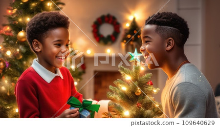 happy overjoyed adorable african american handsome male decorating Christmas tree with happy Cousin, putting toys on branches, enjoying preparing for New Year celebration at home, miracle time happy overjoyed adorable african american handsome male decorating Christmas tree with happy Cousin, putting toys on branches, enjoying preparing for New Year celebration at home, miracle time 109640629