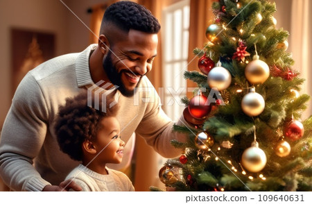 happy optimistic adorable african american handsome man decorating Christmas tree with happy son, putting toys on branches, enjoying preparing for New Year celebration at home, miracle time concept. happy optimistic adorable african american handsome man decorating Christmas tree with happy son, putting toys on branches, enjoying preparing for New Year celebration at home, miracle time concept. 109640631