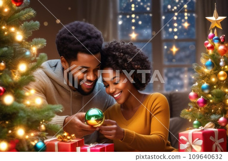 happy optimistic adorable african american woman decorating Christmas tree with happy Husband, putting toys on branches, enjoying preparing for New Year celebration at home, miracle time concept. AI happy optimistic adorable african american woman decorating Christmas tree with happy Husband, putting toys on branches, enjoying preparing for New Year celebration at home, miracle time concept. AI 109640632
