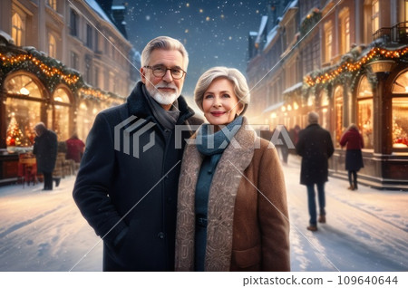 Adorable affectionate bonding two married people old woman man enjoy x-mas christmas jolly holly eve evening atmosphere walk under lights outdoors wear season coat headwear scarf. AI 109640644