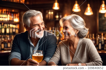 Portrait of smiling senior couple drinking in bar. AI 109640652
