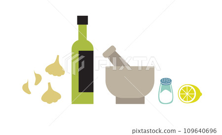 Fresh raw ingredients for aioli sauce making. Horizontal flat vector illustration isolated on white background. 109640696