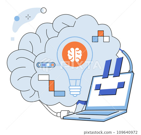 Artificial intelligence vector illustration. A digital brain, powered by algorithms, is beating heart intelligent supercomputer Intelligent bots navigate sea data, guided by compass artificial 109640972