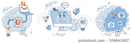 Artificial intelligence vector illustration. A digital brain, powered by algorithms, is beating heart intelligent supercomputer Intelligent bots navigate sea data, guided by compass artificial 109641007