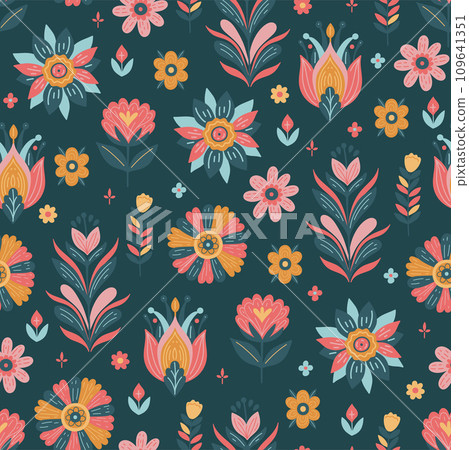 Seamless pattern of stylized flowers on a dark green background. Vector graphics. Seamless pattern of stylized flowers on a dark green background. Vector graphics. 109641351