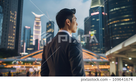 AI-generated content. young asian businessman standing at city skyscrapers background and looking in future, entrepreneur planning business AI-generated content. young asian businessman standing at city skyscrapers background and looking in future, entrepreneur planning business 109641674