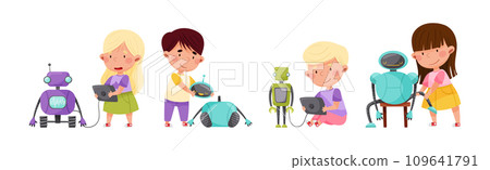 Funny Children Engineering Robots Process Vector Illustration Set Funny Children Engineering Robots Process Vector Illustration Set 109641791
