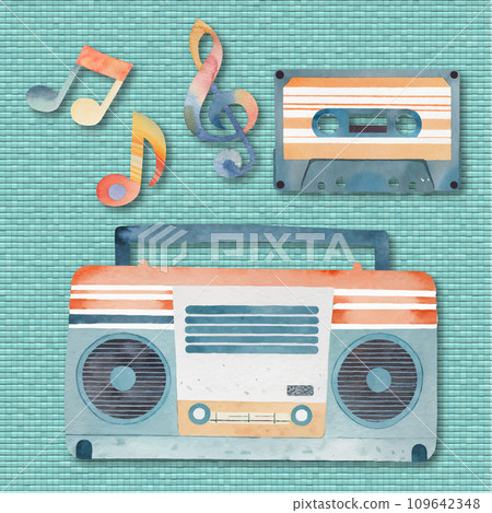Retro radio and cassette tape watercolor style material Retro radio and cassette tape watercolor style material 109642348