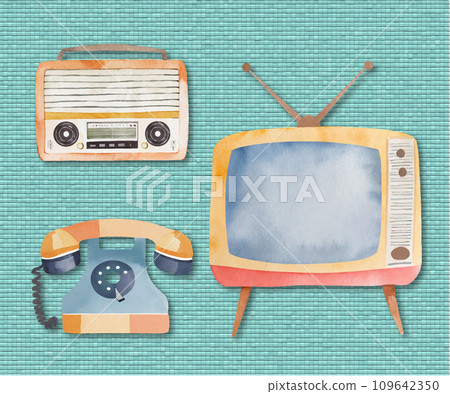 Retro TV, radio, desk phone watercolor style material 109642350