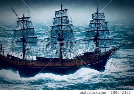 帆船在洶湧的冬季大海中航行 109642352