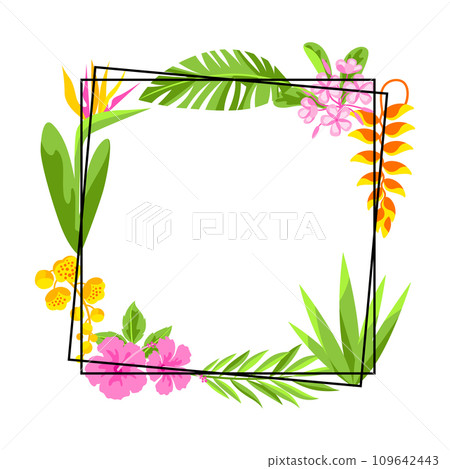 Frame with tropical flowers. Decorative exotic foliage and plants. 109642443