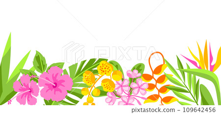 Background with tropical flowers. Decorative exotic foliage and plants. Background with tropical flowers. Decorative exotic foliage and plants. 109642456