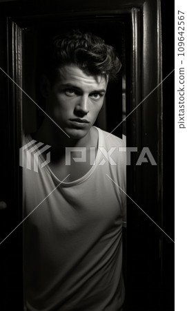 A young man looks at his reflection in the mirror A young man looks at his reflection in the mirror 109642567