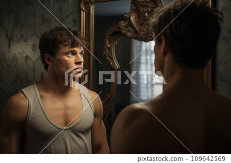 A young man looks at his reflection in the mirror A young man looks at his reflection in the mirror 109642569