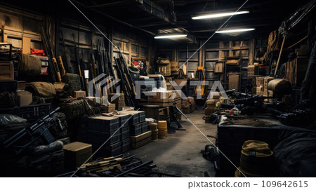 Weapon in warehouse, metal and wooden boxes of guns stored in dark military storage. Illegal smuggle arsenal of firearm. Concept of war, industry, violence, package and crime. 109642615