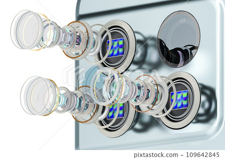 Multi Camera Smartphone. Disassembled smartphone cameras, modern lens of smartphone cameras, structure. 3D rendering Multi Camera Smartphone. Disassembled smartphone cameras, modern lens of smartphone cameras, structure. 3D rendering 109642845