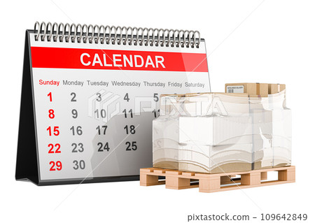 Date of shipping and logistics. Desk calendar with parcels on the wooden pallet. 3D rendering 109642849