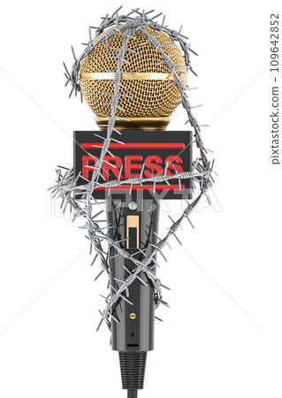 Microphone with barbed wire. Freedom of the press prohibition concept. 3D rendering 109642852