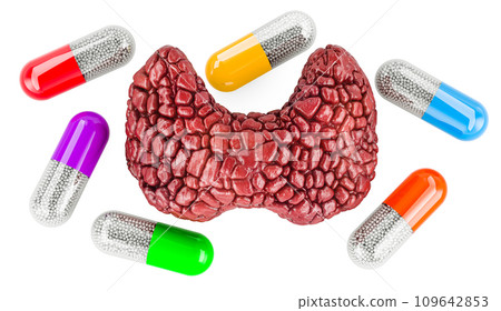 Thyroid gland with medicine capsules. Drug for thyroid disease, concept. 3D rendering 109642853