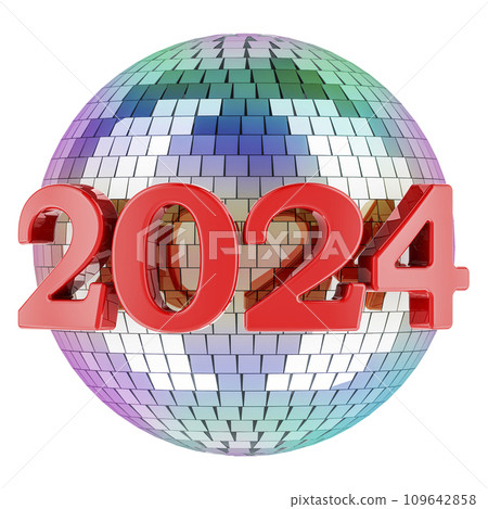 2024 with mirror disco ball, 3D rendering 109642858