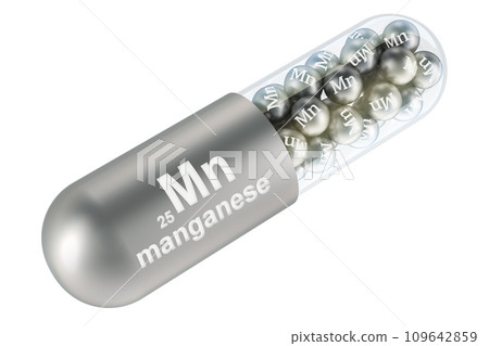 Capsule with manganese Mn element, 3D rendering 109642859