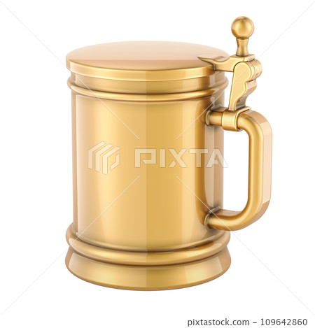 Golden beer mug with cap, 3D rendering 109642860
