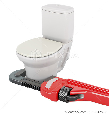 Toilet bowl with plumber wrench. Service and repair of toilet bowl, 3D rendering 109642865