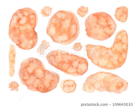 Set of bright vibrant textured orange watercolor stains and brush strokes. Hand painted peach watercolour blobs for decoration, poster, banner, greeting cards design, menstrual periods concept Set of bright vibrant textured orange watercolor stains and brush strokes. Hand painted peach watercolour blobs for decoration, poster, banner, greeting cards design, menstrual periods concept 109643010