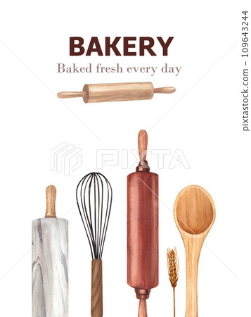 Kitchen tools, collection utensils for cooking and baking, shovel, wooden spoon, marble rolling pin and whisk. Watercolor hand-drawn illustration isolated on white background. 109643244