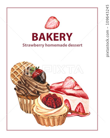 Sweet dessert group, whipped cream with strawberry in chocolate and cookie, berry cheesecake and tart with strawberry. Watercolor hand-drawn illustration isolated on white background. 109643245