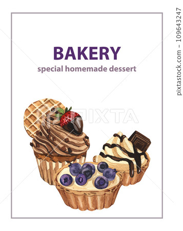 Dessert cupcake group, whipped cream with strawberry and cookie, muffin in wax liner and tart with blueberry. Watercolor hand-drawn illustration isolated on white background. Perfect for bakery Dessert cupcake group, whipped cream with strawberry and cookie, muffin in wax liner and tart with blueberry. Watercolor hand-drawn illustration isolated on white background. Perfect for bakery 109643247