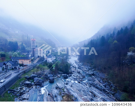 Mountain river with emerald green water in the Verzasca Valley, Switzerland Mountain river with emerald green water in the Verzasca Valley, Switzerland 109643436