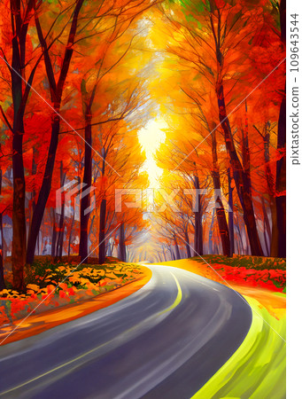 Illustration of a road running through a forest of autumn leaves 109643544