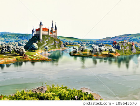Illustration of a medieval European castle along a river Illustration of a medieval European castle along a river 109643570