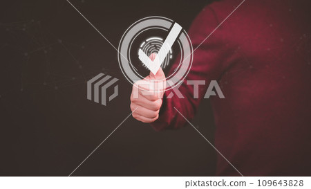 Male hand show thumb up with the sign of the top service quality assurance. Business concept of best quality product and service, ISO certification and standardization, guarantee and standard. 109643828