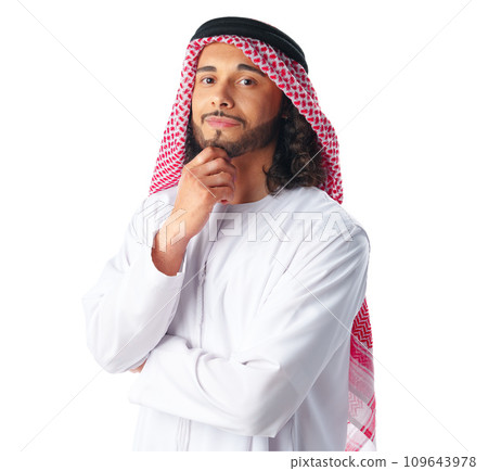 Portrait of a young Arab man wearing middle-eastern traditional dress thobe isolated on white 109643978