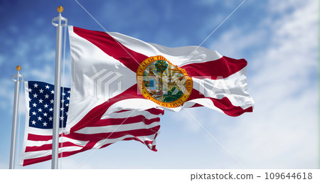Flags of Florida and United States waving in the wind on a clear day Flags of Florida and United States waving in the wind on a clear day 109644618