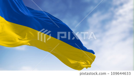 Close-up of Ukraine national flag waving on a clear day 109644633