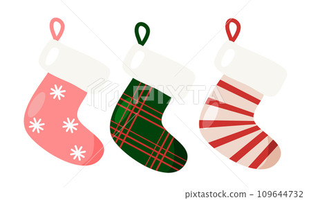 Set of festive Christmas socks for holidays gifts to be hang on fireplace, vector 109644732