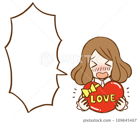 一名年輕女子交出情人節巧克力來表達愛意的插圖，上面有講話泡泡 109645487