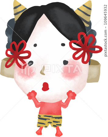 A red demon child wearing a mask of Otafuku A red demon child wearing a mask of Otafuku 109645932
