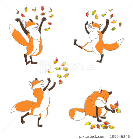 可愛的狐狸玩落葉的插圖集（4隻狐狸，彩色） 109646246