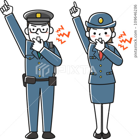 A male police officer and a female police officer sound the horn to warn people A male police officer and a female police officer sound the horn to warn people 109646286