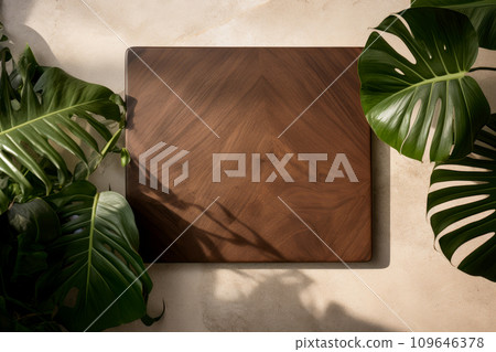 wooden mockup of tropical nature leaves on background leaves . Generative AI wooden mockup of tropical nature leaves on background leaves . Generative AI 109646378