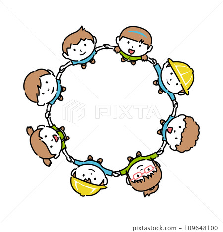 Illustration of children holding hands in a circle and looking up at the sky / line drawing (center copy space) 109648100
