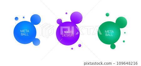 Abstract sphere bubble collection. Gradient liquid metaball set. Colorful amoeba blotches, drops or blobs pack. Morphing design elements for label, sticker, banner, collage, poster, tag. Vector bundle 109648216
