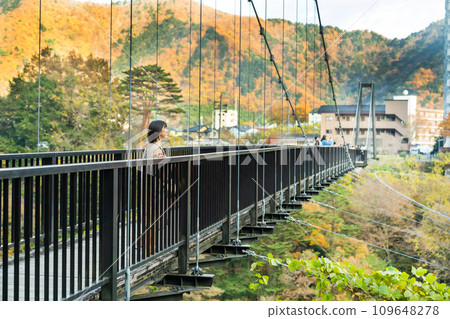 A woman standing in the autumn leaves A woman standing in the autumn leaves 109648278