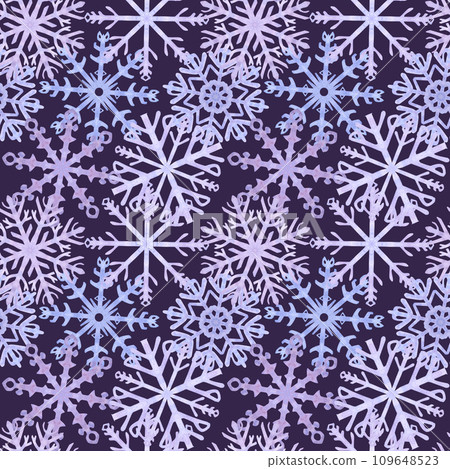 Snowflakes seamless pattern, blue lilac frost crystals. Symbol of winter, cold weather. New Year and Christmas holiday card. Hand drawn watercolor illustration on dark background Snowflakes seamless pattern, blue lilac frost crystals. Symbol of winter, cold weather. New Year and Christmas holiday card. Hand drawn watercolor illustration on dark background 109648523