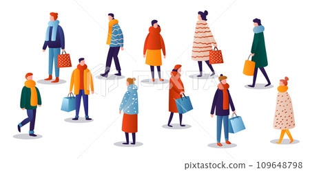 people in winter clothes holding shopping bags season big sale special offer promotion discount horizontal full length 109648798